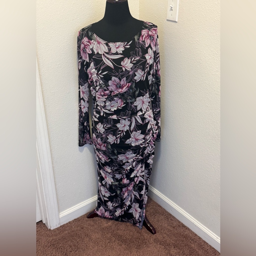 White House Black Market Floral Black Gray Pink Reversible Mesh Dress Ruched M - Picture 2 of 9